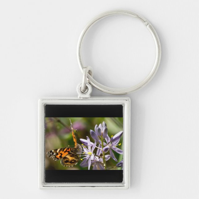 Orange Butterfly on Wild Hyacinth Apparel & Gifts Key Ring (Front)