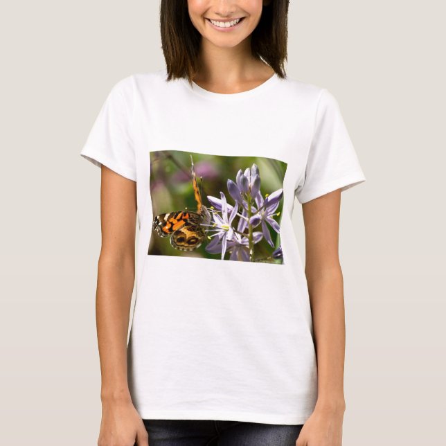 Orange Butterfly on Wild Hyacinth Apparel & Gifts T-Shirt (Front)