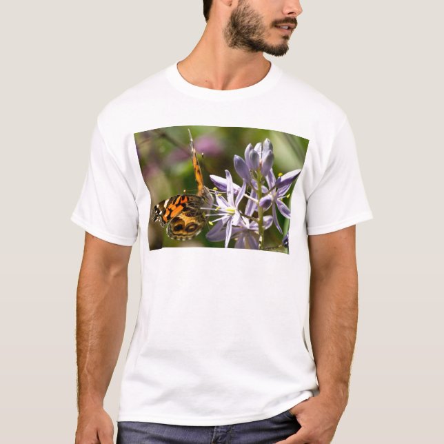 Orange Butterfly on Wild Hyacinth Apparel & Gifts T-Shirt (Front)