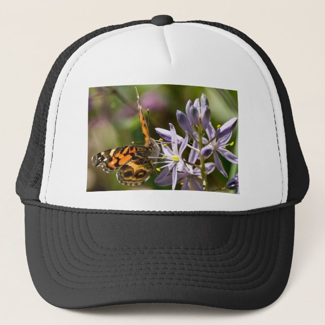 Orange Butterfly on Wild Hyacinth Apparel & Gifts Trucker Hat (Front)