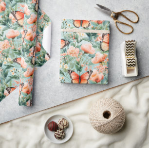 Orange  Butterfly Orange Green  Floral  Wrapping Paper