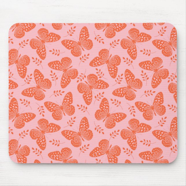 Orange butterfly pattern on pink background mouse mat (Front)