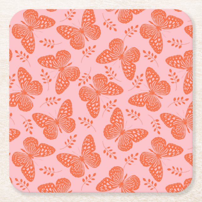 Orange butterfly pattern on pink background square paper coaster (Front)