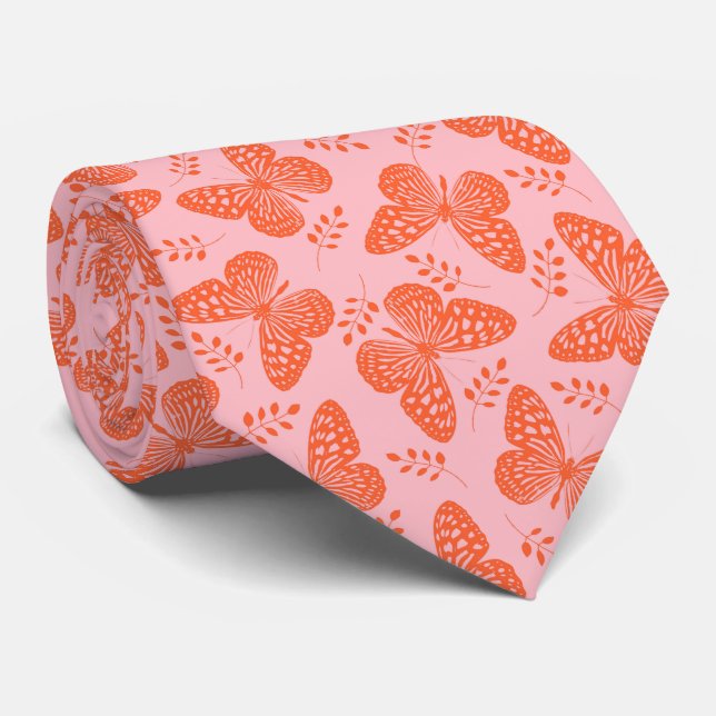 Orange butterfly pattern on pink background tie (Rolled)