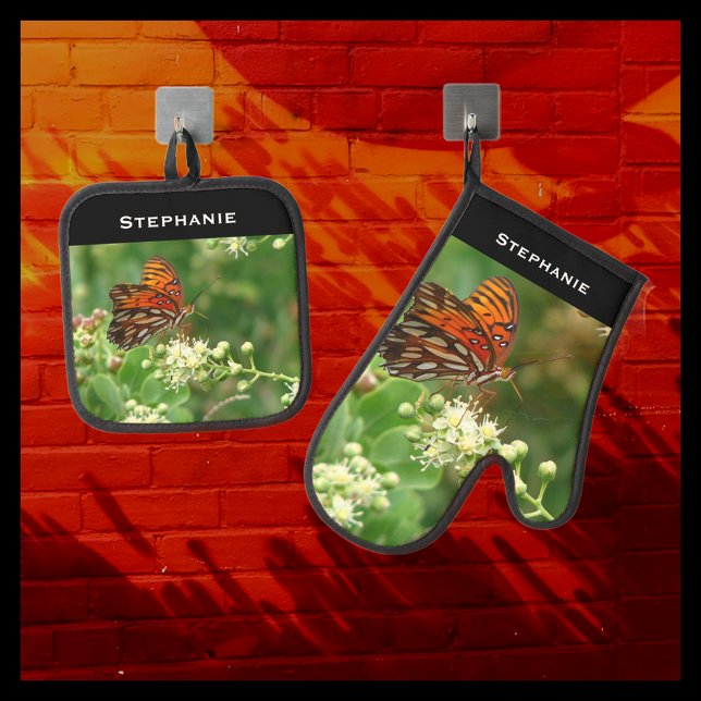 Orange Butterfly Personalised Name Oven Mitt & Pot Holder Set (Creator Uploaded)