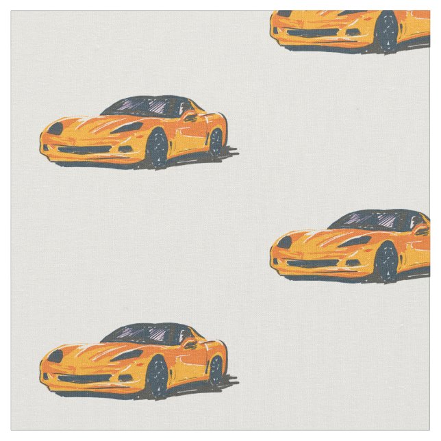 Orange C6 Corvette Hand Drawn Sketch Fabric (Close Up)