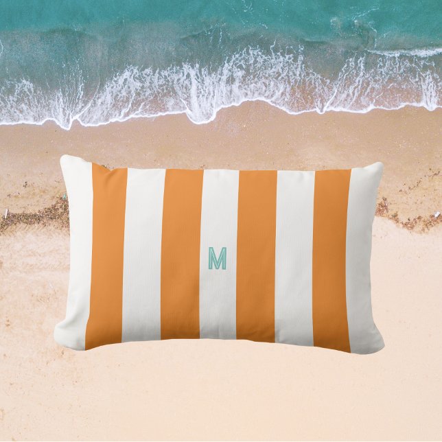 Orange Cabana Stripe & Personalised Teal Monogram Lumbar Cushion (Creator Uploaded)