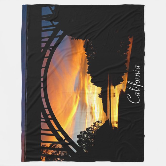 Orange California Coastal Sunset Under Bridge Fleece Blanket (Front)