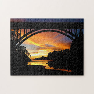 Orange California Coastal Sunset Under Bridge Jigsaw Puzzle