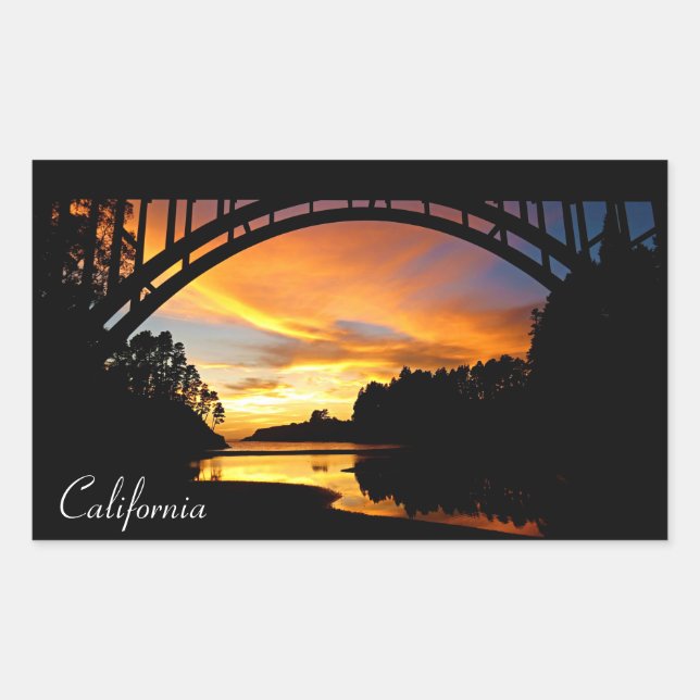 Orange California Coastal Sunset Under Bridge Rectangular Sticker (Front)