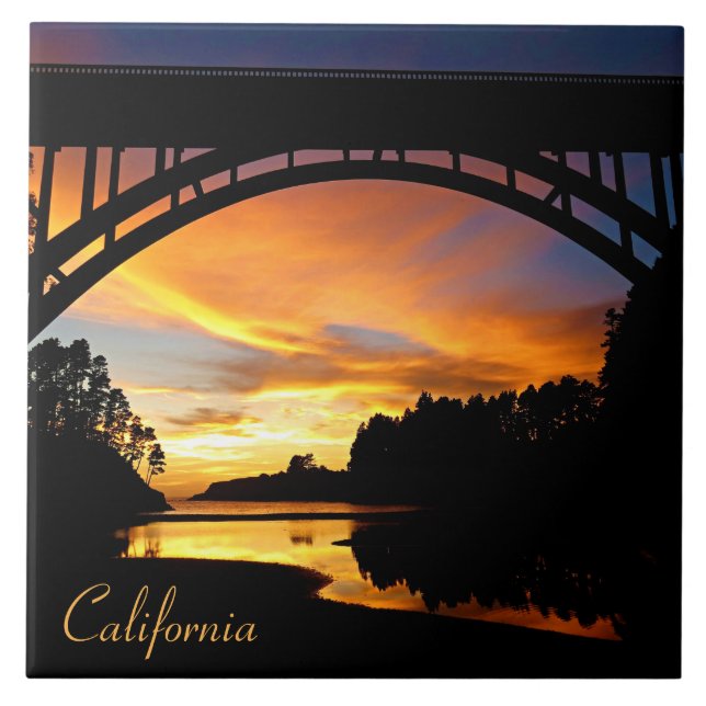 Orange California Coastal Sunset Under Bridge Tile (Front)