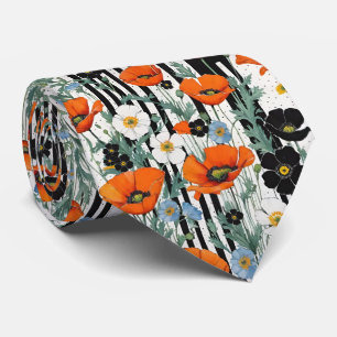 Orange California Poppies & Black Stripes Tie