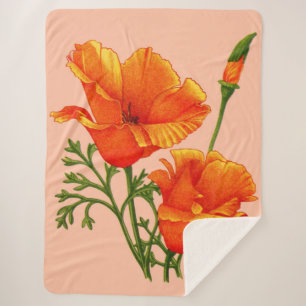 orange California poppy print Sherpa Blanket