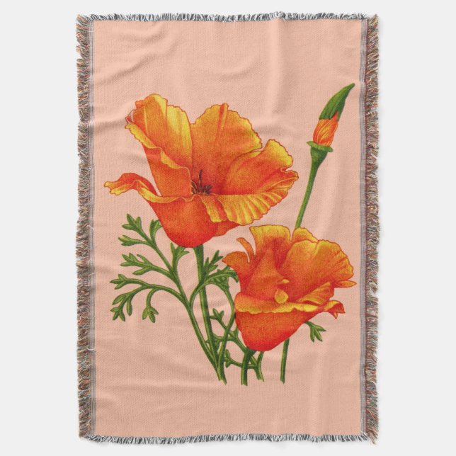 orange California poppy print Throw Blanket (Front Vertical)