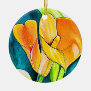 Orange Calla lily flower watercolor art Ceramic Tree Decoration