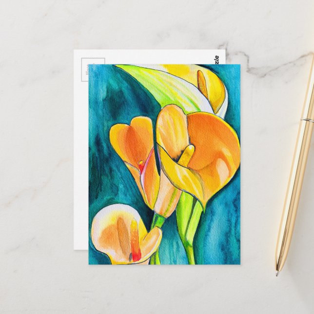 Orange Calla lily flower watercolor art Postcard (Front/Back In Situ)