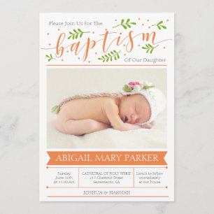 Orange Calligraphy Baptism Photo Invitation Card