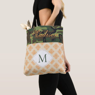 Orange Camouflage Damask Trendy Initial Monogram Tote Bag