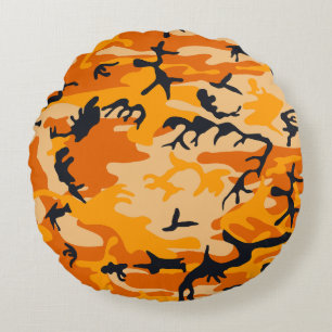 Orange Camouflage, Military, Army Round Cushion