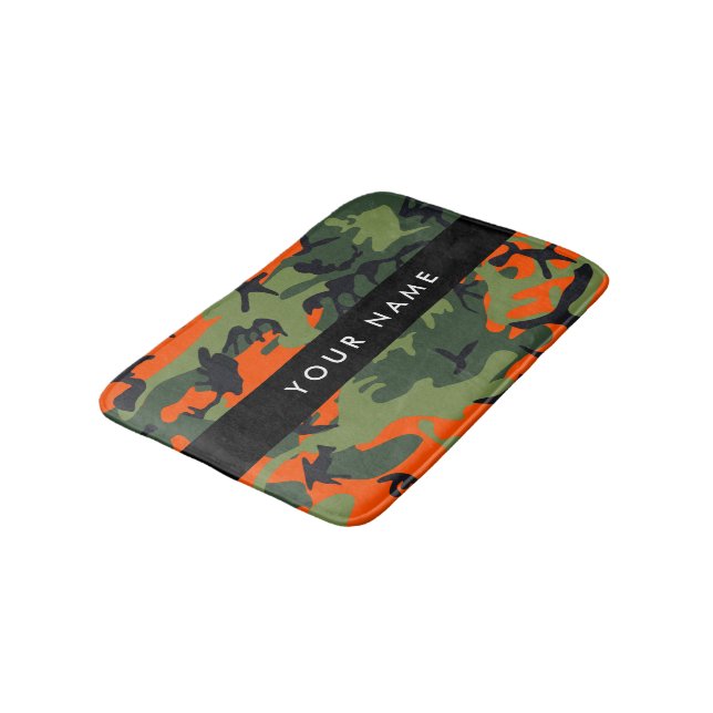 Orange Camouflage Pattern, Your name, Personalise Bath Mat (Angled)