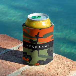 Orange Camouflage Pattern, Your name, Personalise Can Cooler