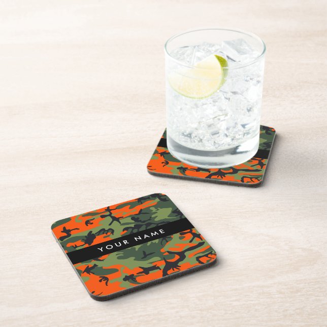 Orange Camouflage Pattern, Your name, Personalise Coaster (Right Side)