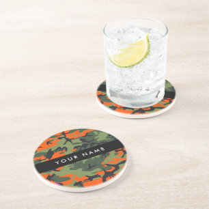 Orange Camouflage Pattern, Your name, Personalise Coaster
