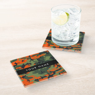 Orange Camouflage Pattern, Your name, Personalise Glass Coaster