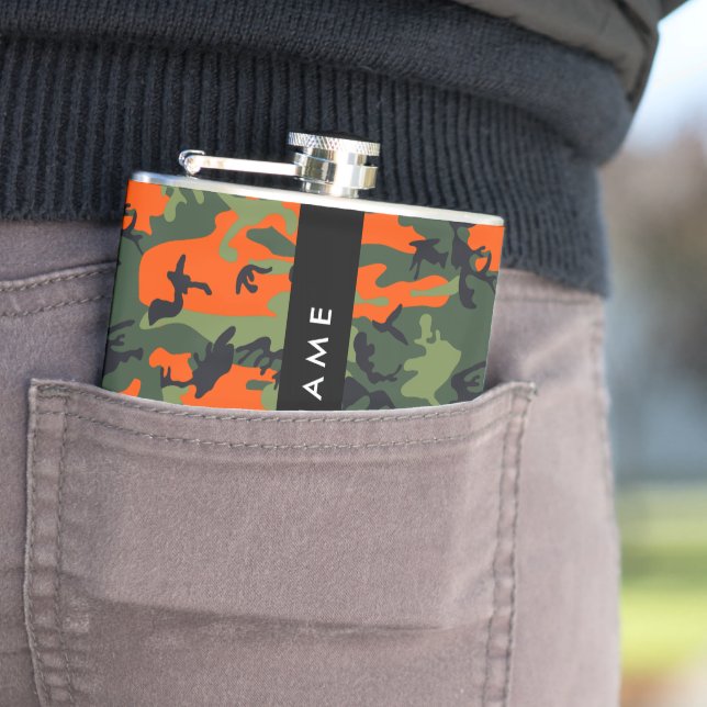 Orange Camouflage Pattern, Your name, Personalise Hip Flask (In Situ)