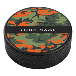 Orange Camouflage Pattern, Your name, Personalise Hockey Puck