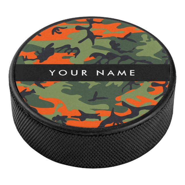 Orange Camouflage Pattern, Your name, Personalise Hockey Puck (3/4)