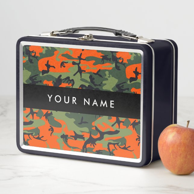 Orange Camouflage Pattern, Your name, Personalise Metal Lunch Box (In Situ)