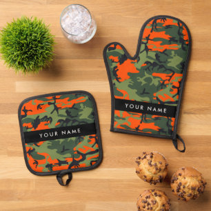 Orange Camouflage Pattern, Your name, Personalise Oven Mitt & Pot Holder Set