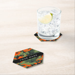 Orange Camouflage Pattern, Your name, Personalise Paper Coaster