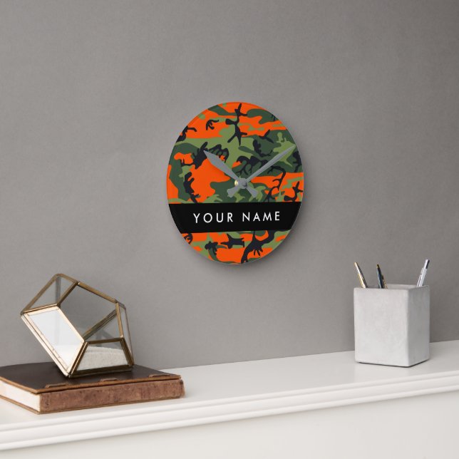 Orange Camouflage Pattern, Your name, Personalise Round Clock (Office)
