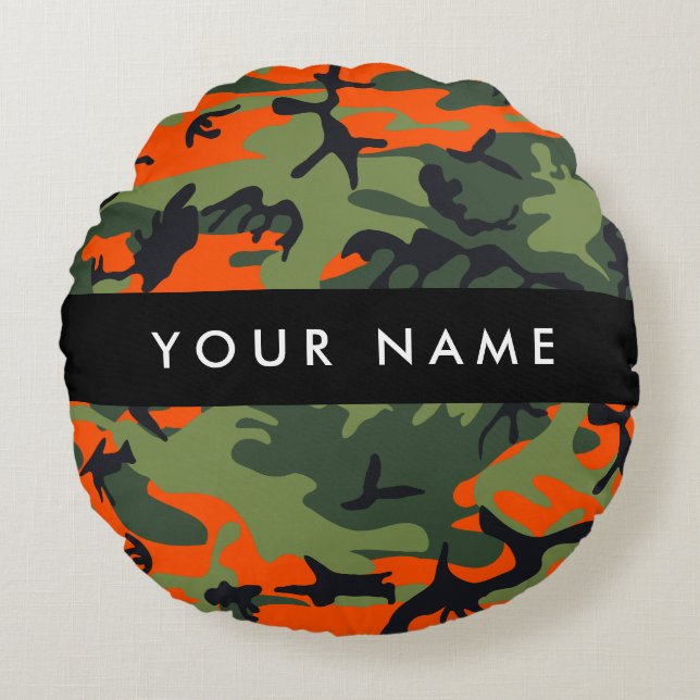 Orange Camouflage Pattern, Your name, Personalise Round Cushion (Front)