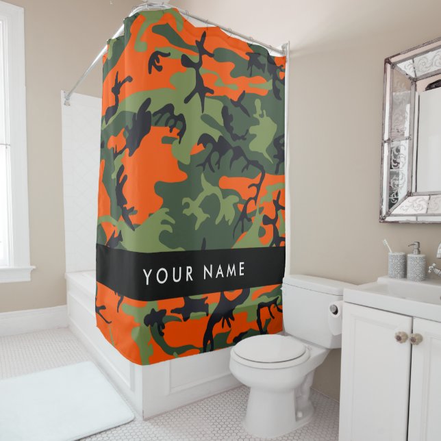 Orange Camouflage Pattern, Your name, Personalise Shower Curtain (In Situ)