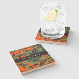 Orange Camouflage Pattern, Your name, Personalise Stone Coaster