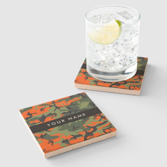 Orange Camouflage Pattern, Your name, Personalise Stone Coaster (Side)