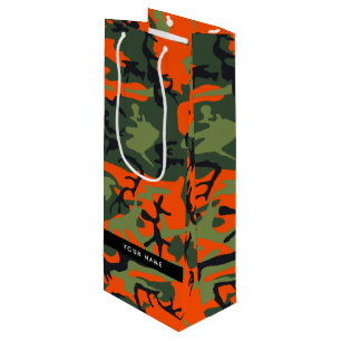 Orange Camouflage Pattern, Your name, Personalise Wine Gift Bag