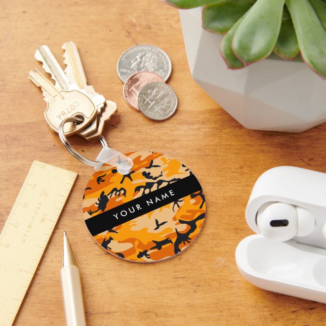 Orange Camouflage Your name Personalise Key Ring (Desk)