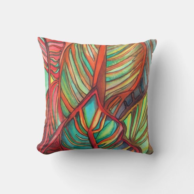Orange Canna leaves watercolor original art Cushion (Front)