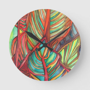 Orange Canna leaves watercolor original art Round Clock