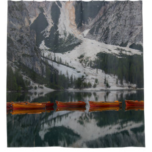 ORANGE CANOE ON BODY OF WATER SHOWER CURTAIN