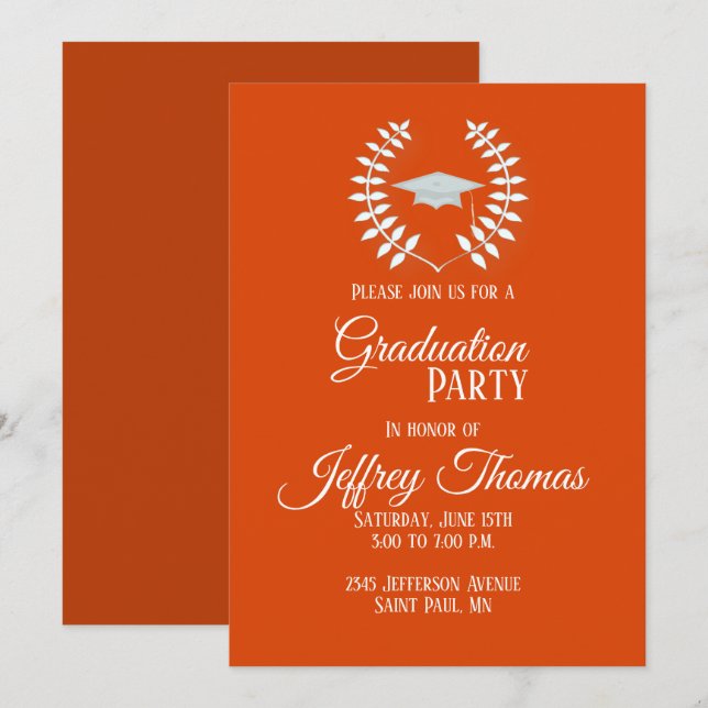 Orange Cap & Leaves Grad Invitation 5" x 7" (Front/Back)