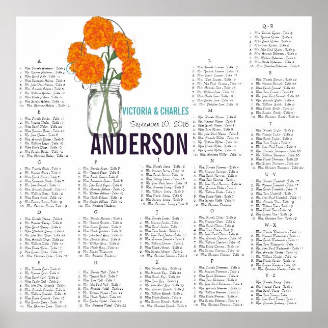 Orange Carnation Modern Mason Jar Seating Chart (Front)