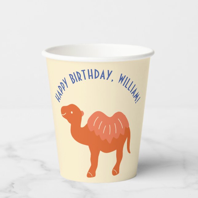 Orange Cartoon Camel Birthday Party Personalised Paper Cups (Front)