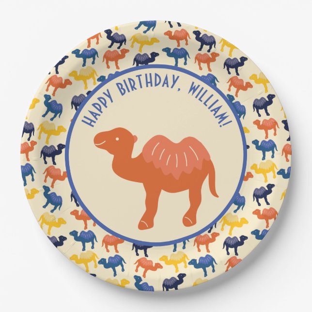 Orange Cartoon Camel Birthday Party Personalised Paper Plate (Front)