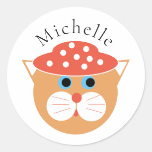 Orange Cartoon Cat Wearing Hat Personalised Name  Classic Round Sticker