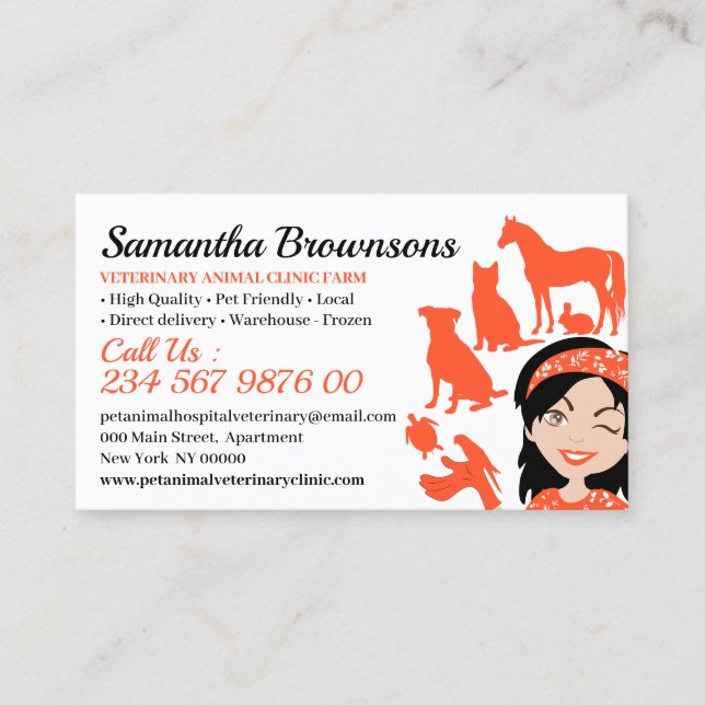 Orange Cartoon Pet Animal Appointment Business Card (Front)